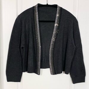 Y2K Crystal Trim Cropped Open Cardigan Sweater Vintage Gray Medium